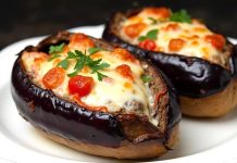 PEČENI PUNJENI PATLIDŽAN SA MJEŠANIM MESOM, POVRĆEM I MOCARELOM PEČENI PUNJENI PATLIDŽAN SA MJEŠANIM MESOM, POVRĆEM I MOCARELOM - featured image